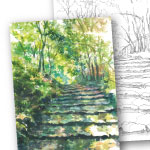 水彩 風景画 円山公園の階段 ぬり絵