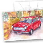 水彩 風景画 イギリス赤い車 ぬり絵