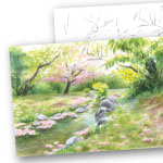 水彩 風景画 桜と小川 ぬり絵