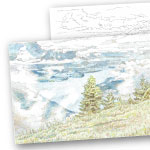 色鉛筆 風景画 スイスの山 ぬり絵