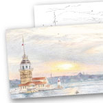 色鉛筆 風景画 夕日の建物と海 ぬり絵