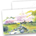 色鉛筆 風景画 桜と小川 ぬり絵
